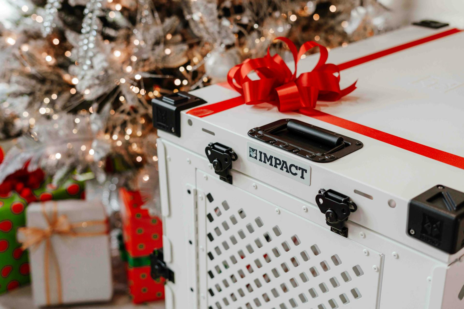 Dog crate with red ribbon beside a glowing Christmas tree and gifts for the holiday season.