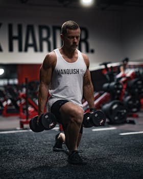 Muscular man doing dumbbell lunges in a modern gym, promoting fitness and strength training.