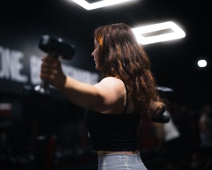 Side view of a woman exercising with dumbbells in a gym under bright lighting.
