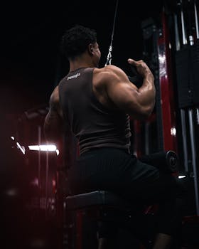 Powerful man working out on a cable machine in a dimly lit gym.