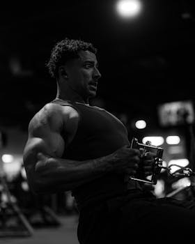 Muscular man exercising on a cable machine in a gym, showcasing strength and focus.
