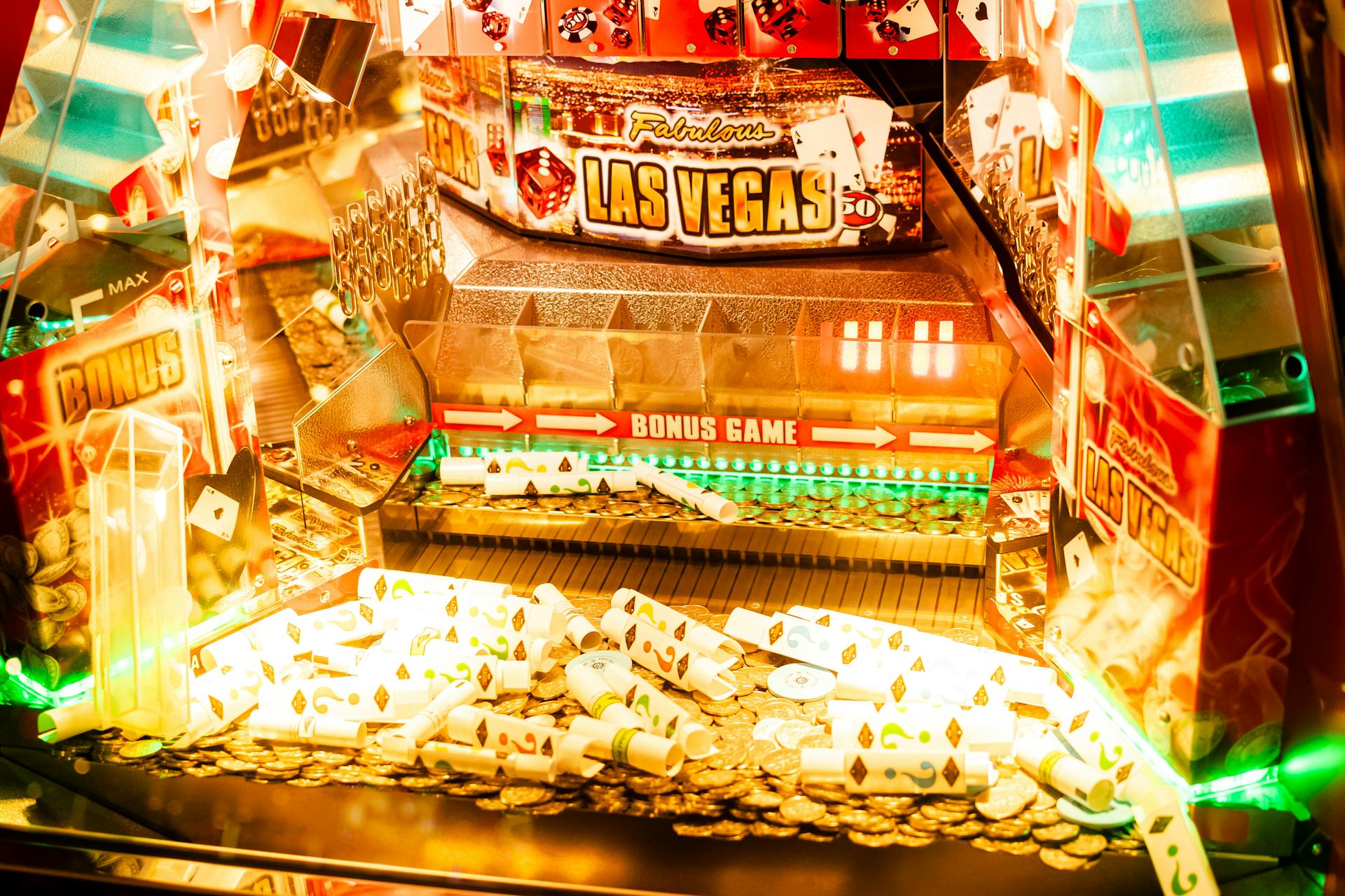 Colorful casino game machine featuring Las Vegas theme with coins and poker cards.