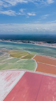 Stunning aerial shot of vibrant salt ponds in Las Coloradas, Yucatán, Mexico, showcasing nature's artistry.