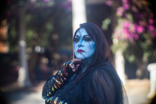 Striking portrait of a woman with goth makeup and blue face paint, set outdoors with a colorful bokeh background.