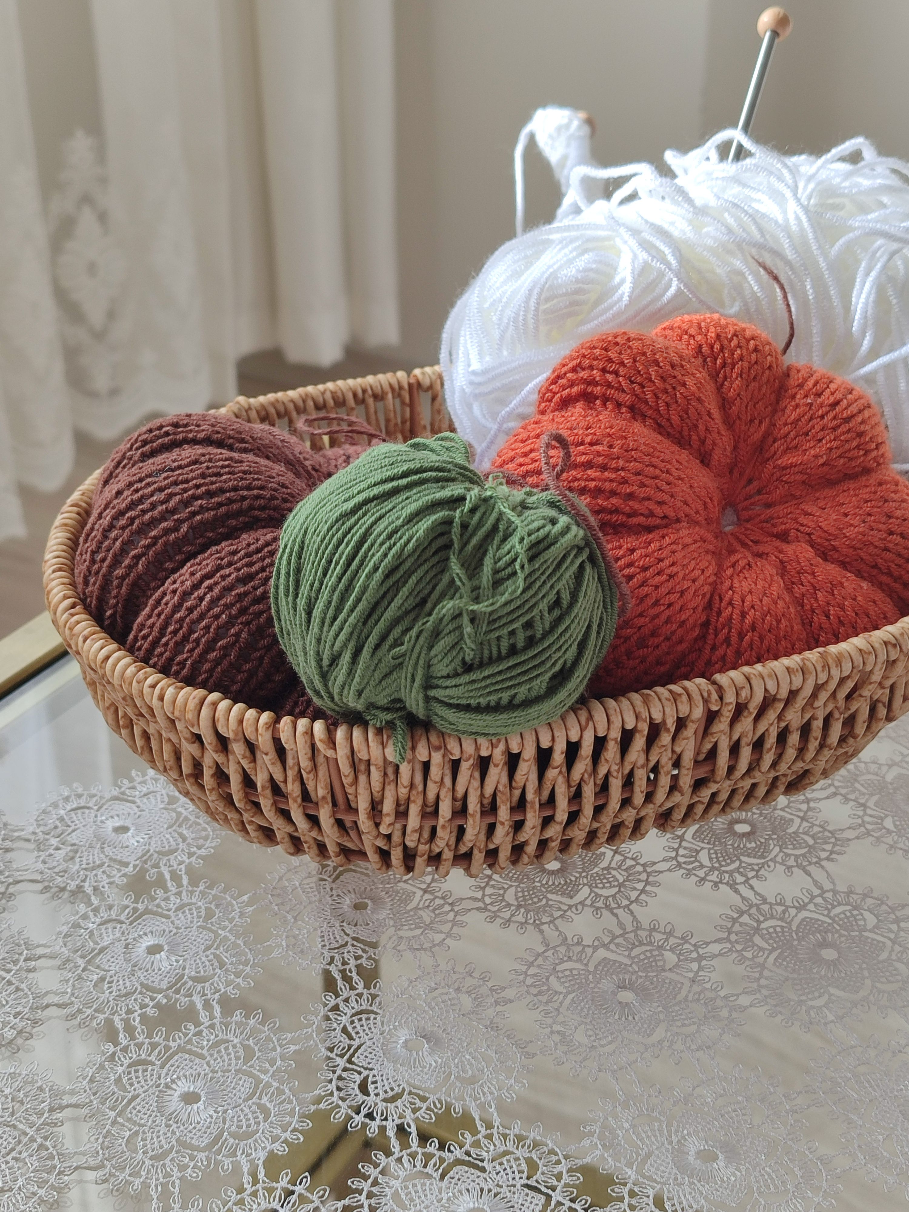 Cozy Yarn Balls in a Woven Basket on Lace Table · Free Stock Photo