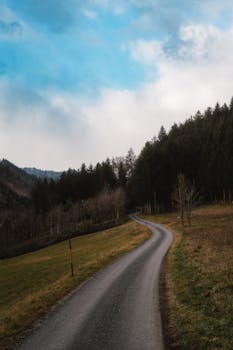 A peaceful winding road through a forest in Mixnitz, Austria, under a clear blue sky.