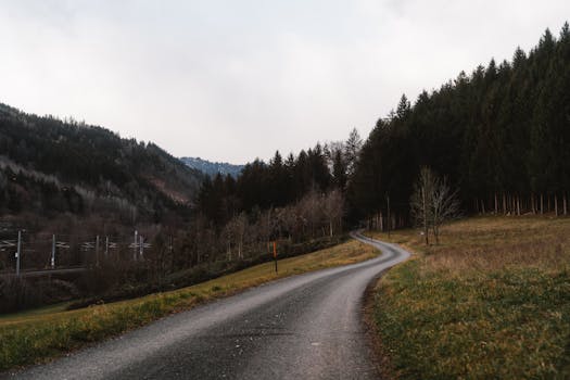 A peaceful winding road through a forested mountain landscape in Mixnitz, Austria.
