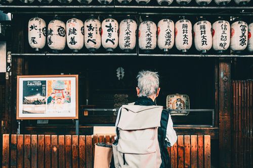 Free Back view of traveler with backpack looking at hanging Japanese lanterns outdoors. Stock Photo