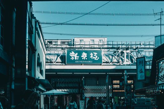 A vibrant street scene under the Shinkyogoku sign in Kyoto, Japan, showcasing bustling city life.