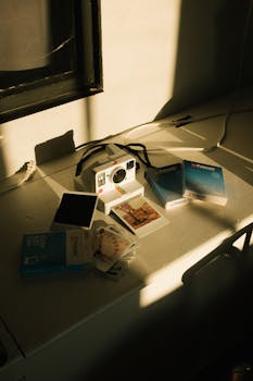 一张老式拍立得相机，连同胶卷和照片，摆放在阳光明媚的办公桌上