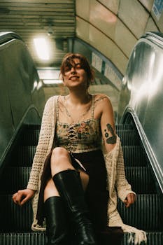 Smiling woman seated on an escalator in a subway station, expressing urban youth culture.