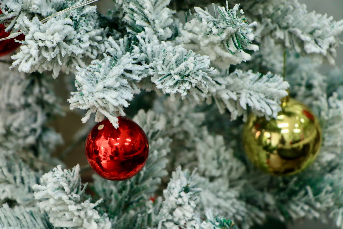 Snowy Christmas tree close-up with red and gold ornaments in warm light