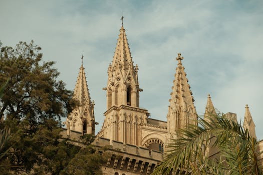 Gothic spires of La Seu Cathedral in Palma, Spain surrounded by trees.