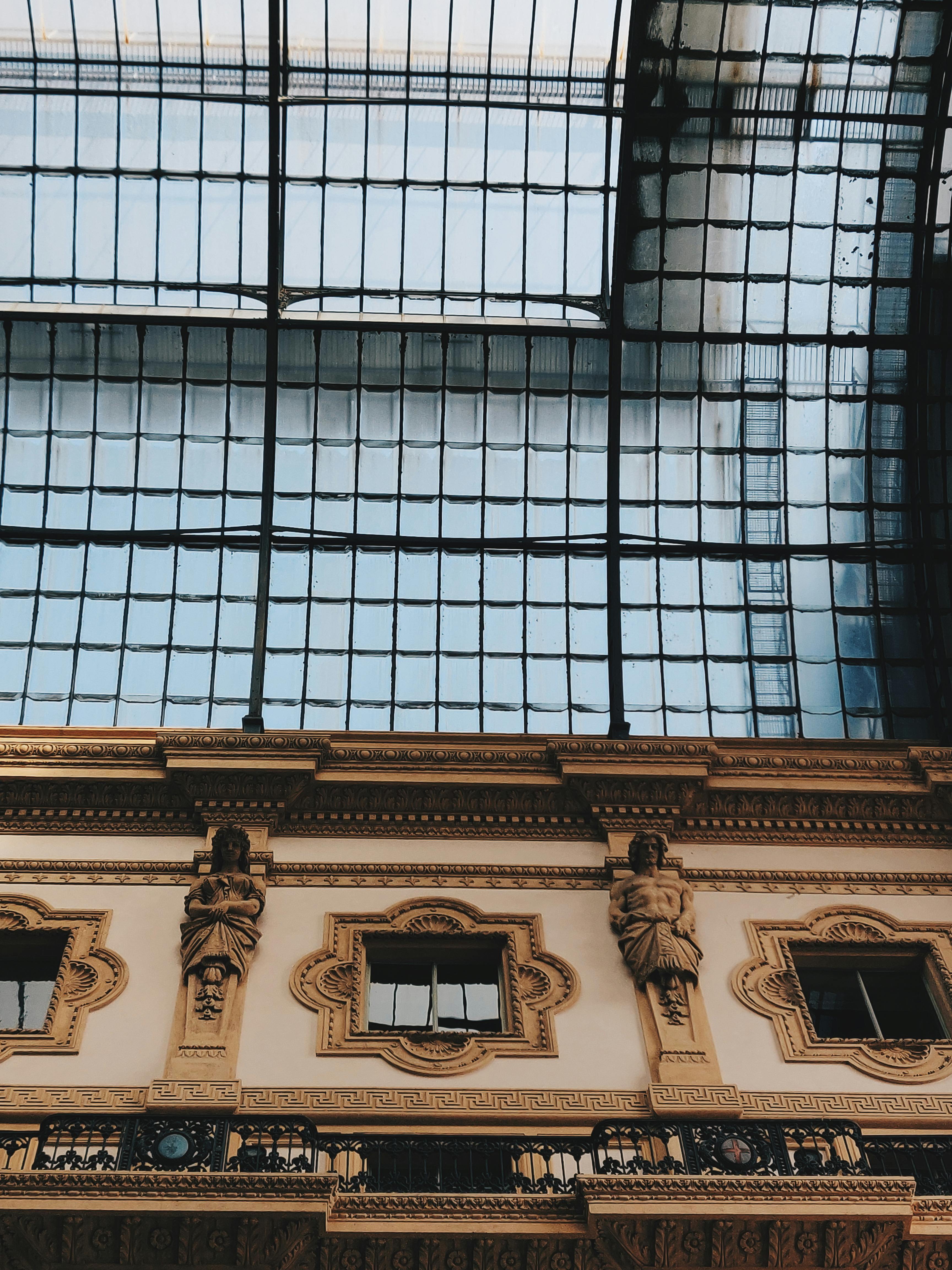 室内拍摄的华丽雕塑，从低角度展现了建筑天花板的优雅