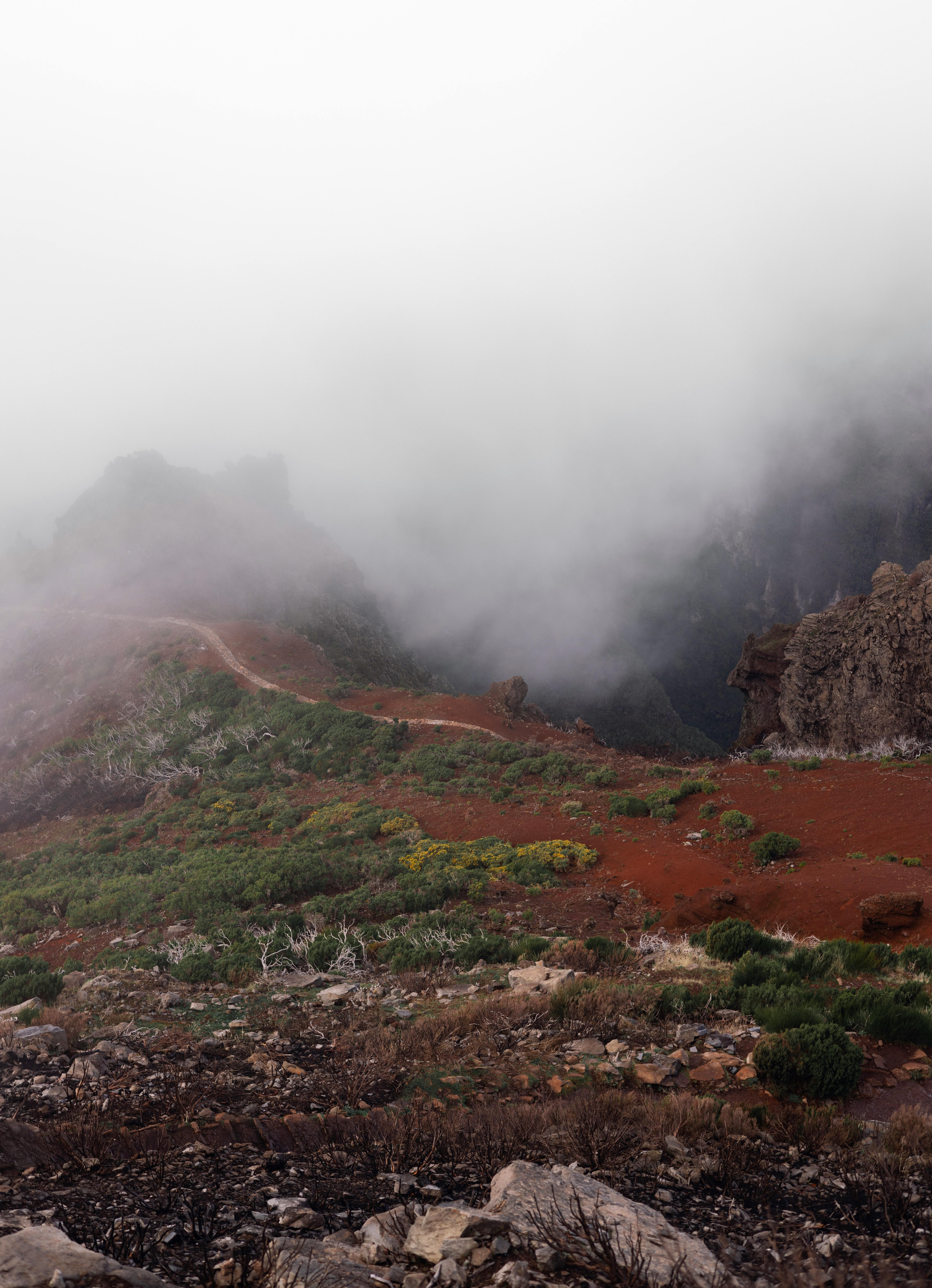 Misty mountain landscape in Madeira, Portugal, showcasing lush greenery and rocky terrain.