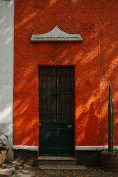 Charming rustic door on a vibrant orange wall with shadows from outdoor plants.