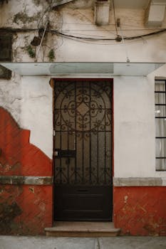 An intricate iron door set within a vintage building exterior with a red and white facade.