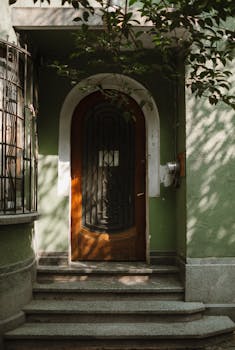 Warm sunlight on vintage green facade with arched wooden door, suggesting an artistic urban design.