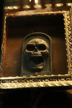 Vintage skull artwork in a detailed ornate frame, mysterious mood.