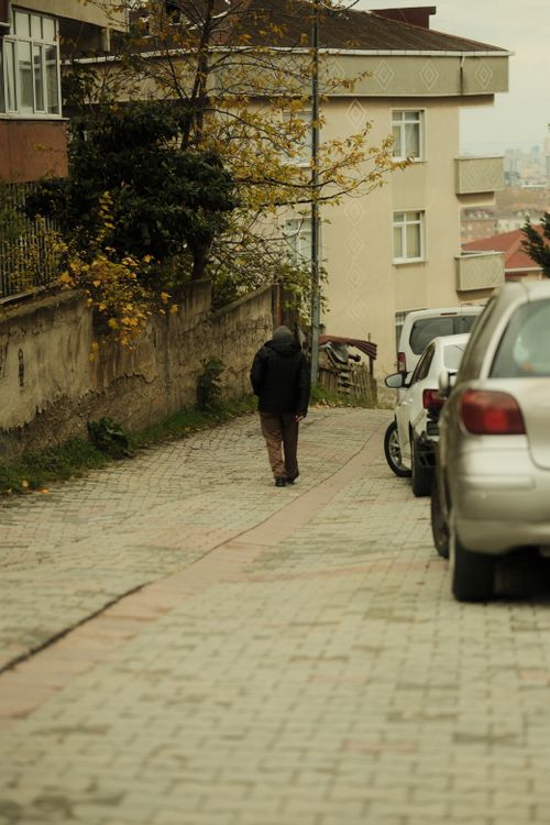 Free A person walks down a quiet urban street lined with parked cars in autumn. Stock Photo
