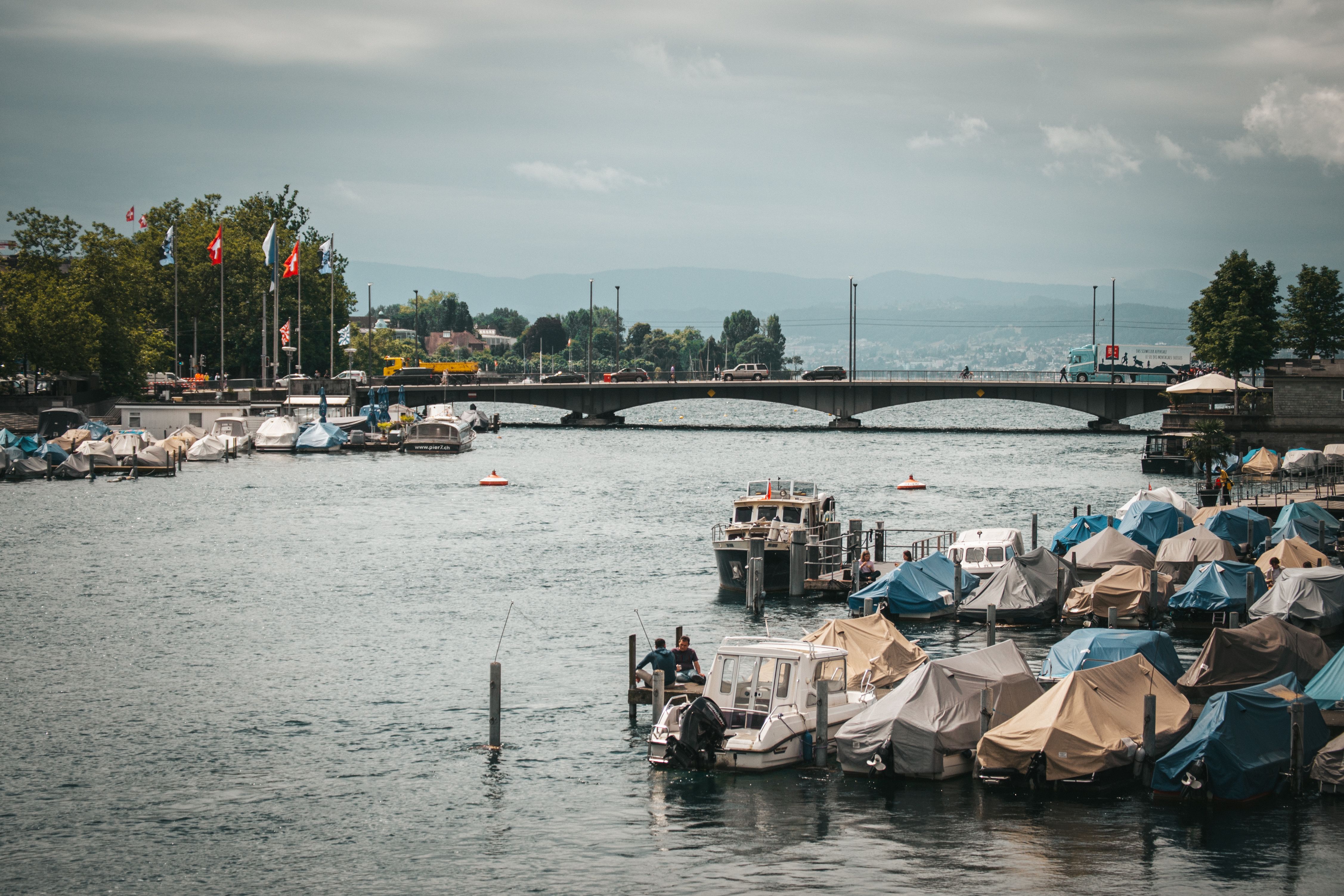 zurich switzerland lake promenade summer boats mountains alps waterfront clear water