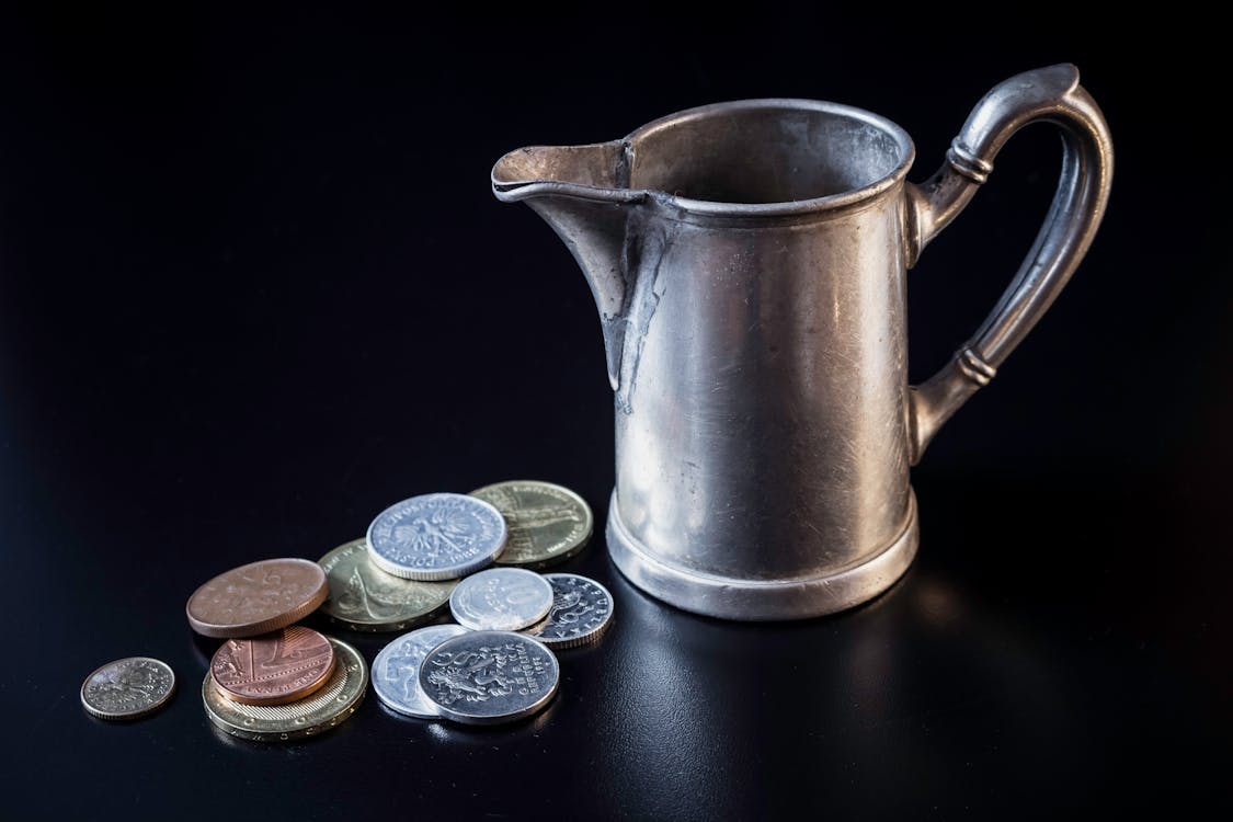Free stock photo of coins, jug
