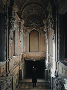 一个人站在华丽的历史走廊中，展示着复杂的建筑设计