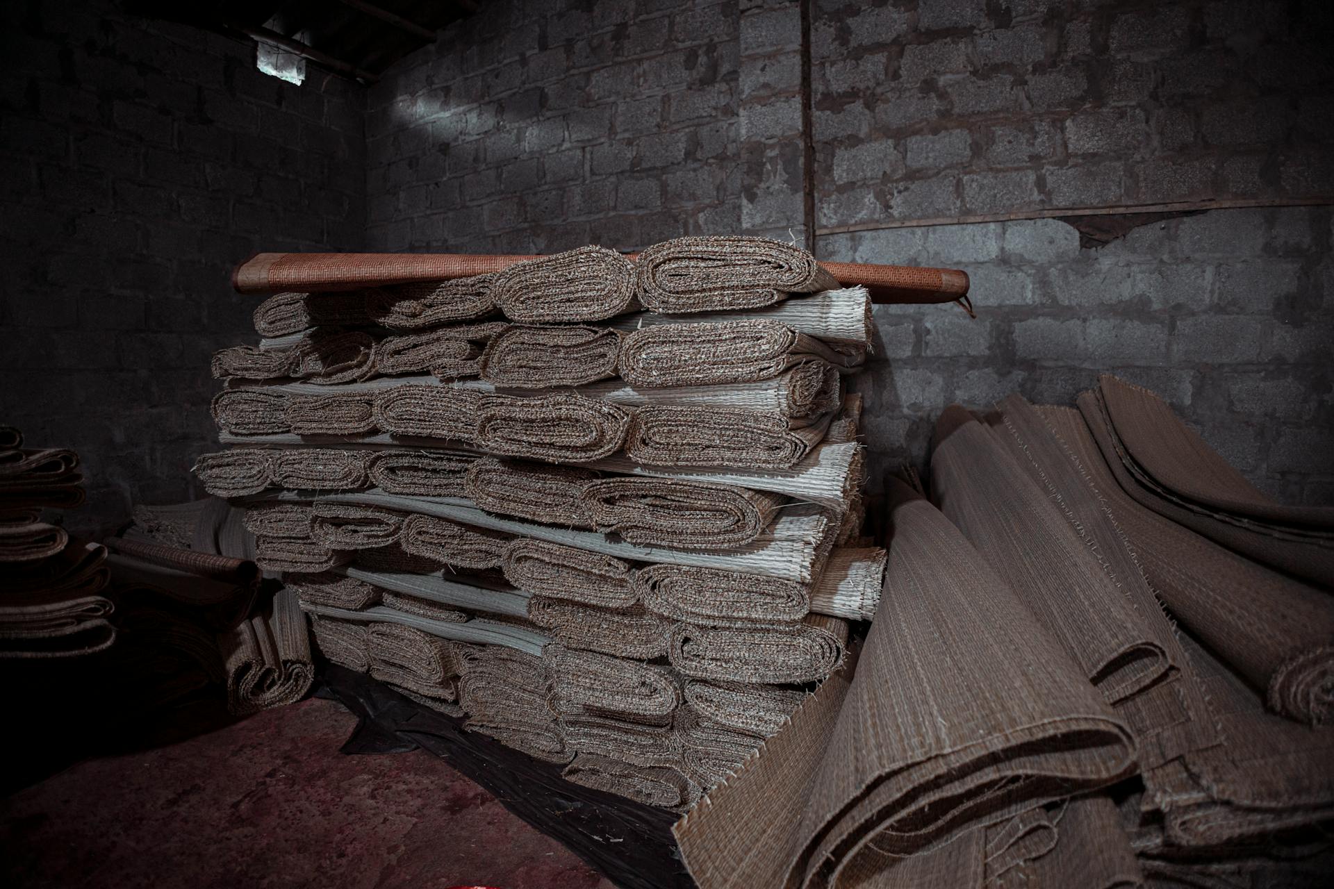 A stack of rolled industrial mats in a dimly lit warehouse setting, showcasing textured materials.