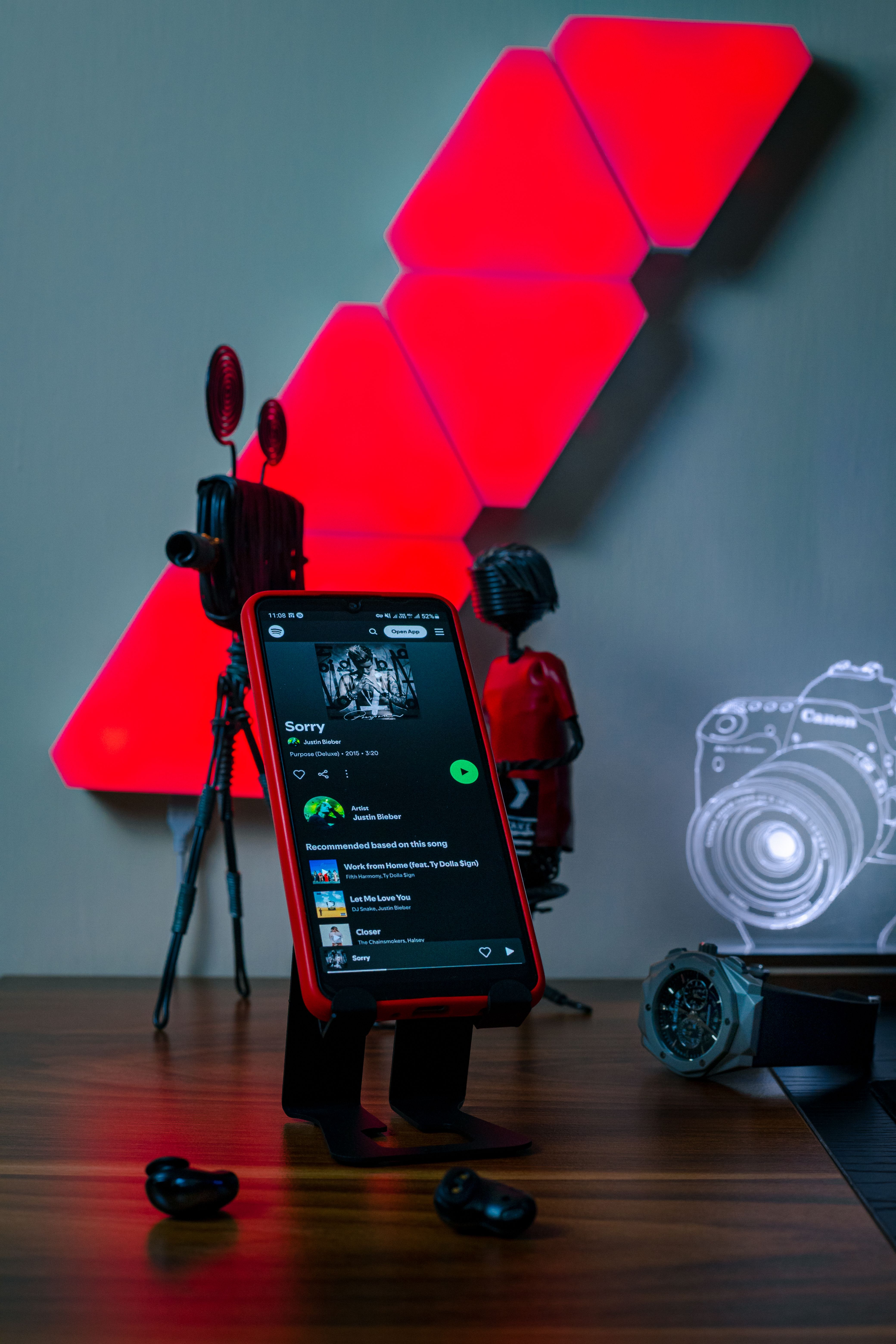Modern Tech Setup with Smartphone Playlist and Red Lighting · Free ...