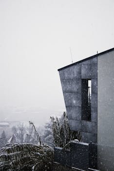 A contemporary building against a snowy, overcast winter background.