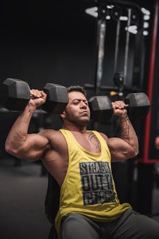 Muscular man in gym performing dumbbell shoulder press with focus and strength.