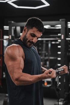 A strong, muscular man working out with a cable machine, focused on bicep curls in a modern gym.