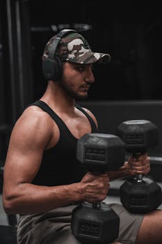 Young man wearing headphones lifting dumbbells in a gym. Focused and determined.