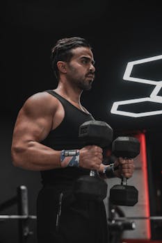 A muscular man in a gym lifting dumbbells, showing strength and focus.