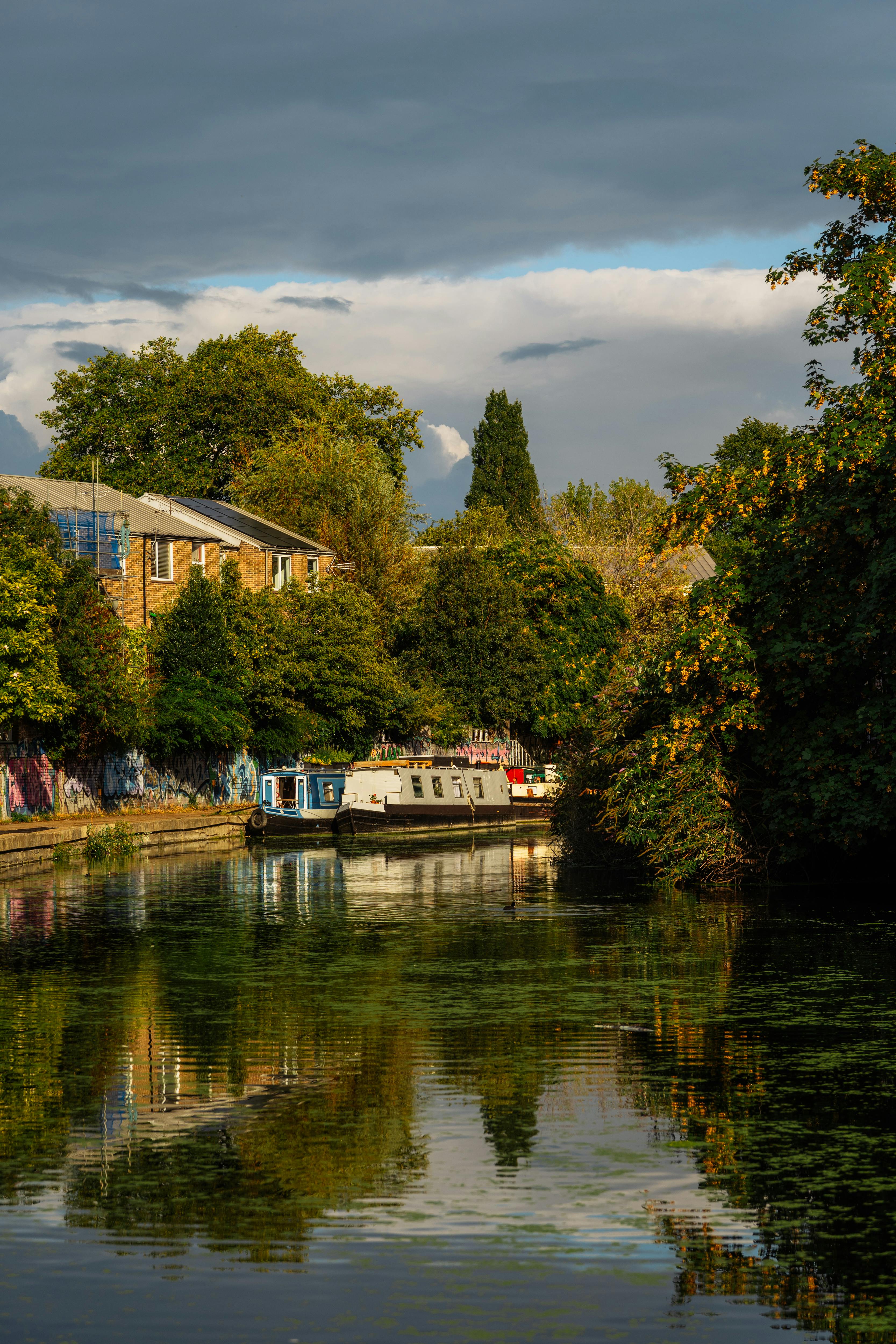 Serene canal view in London with lush foliage and moored narrowboat reflecting in calm waters.