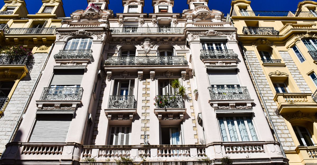 A stunning view of classic architectural detail on a historic building in Nice, Southern France.