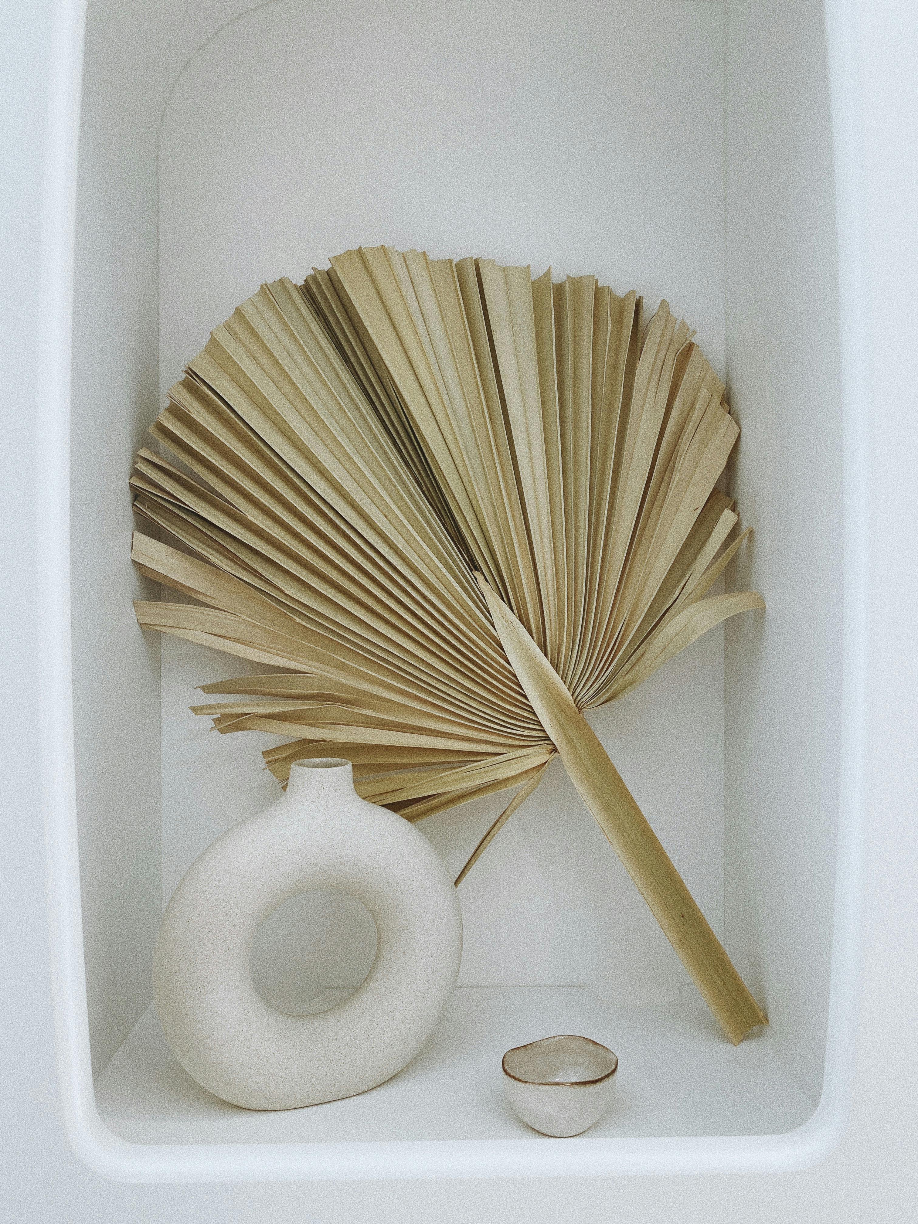 Elegant minimalist decor featuring a dried palm leaf fan and artistic ceramic vases.