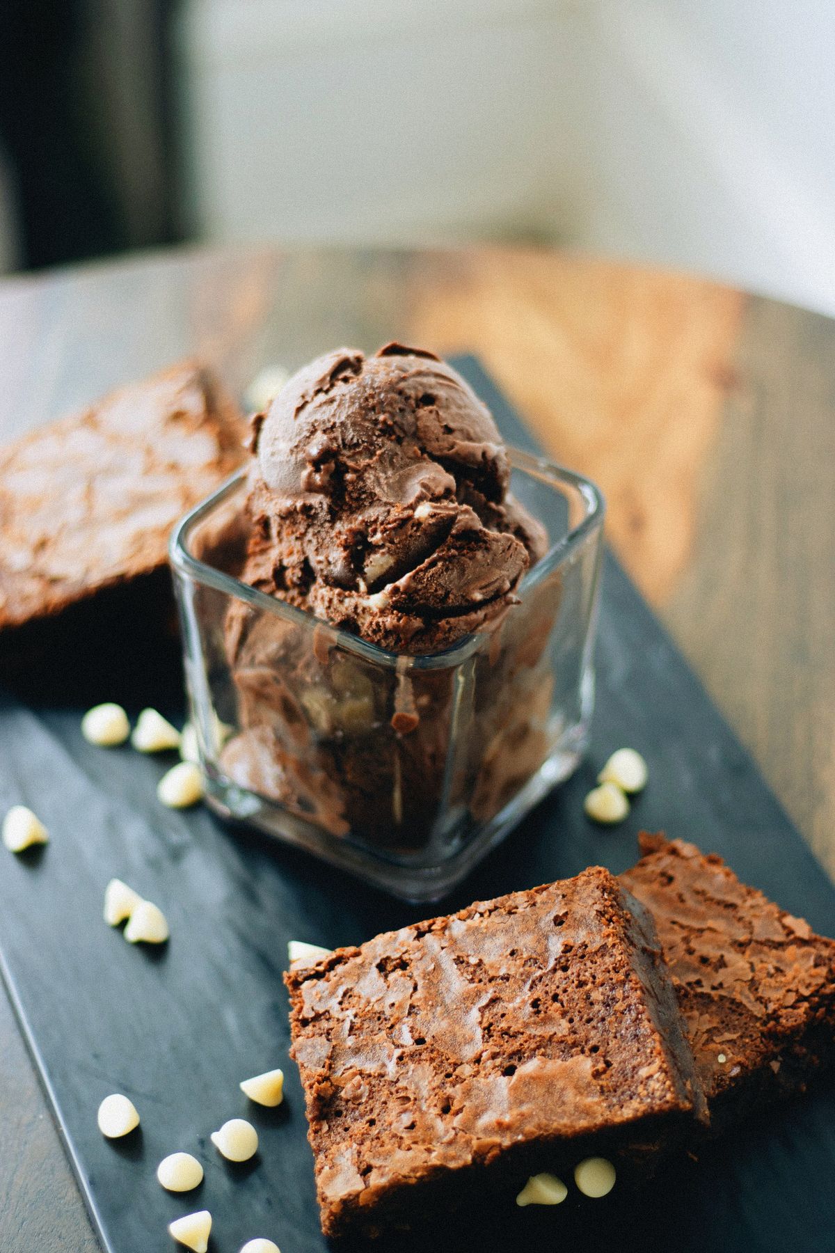 Chocolate ice cream with brownie squares