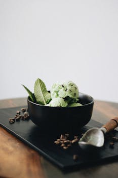 Elegant presentation of mint chocolate chip ice cream with fresh mint leaves.