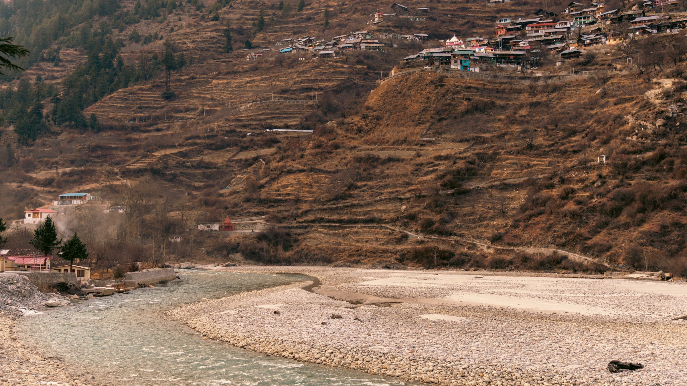 Mountain village and Himalayan valley scenery in Harsil, Uttarakhand