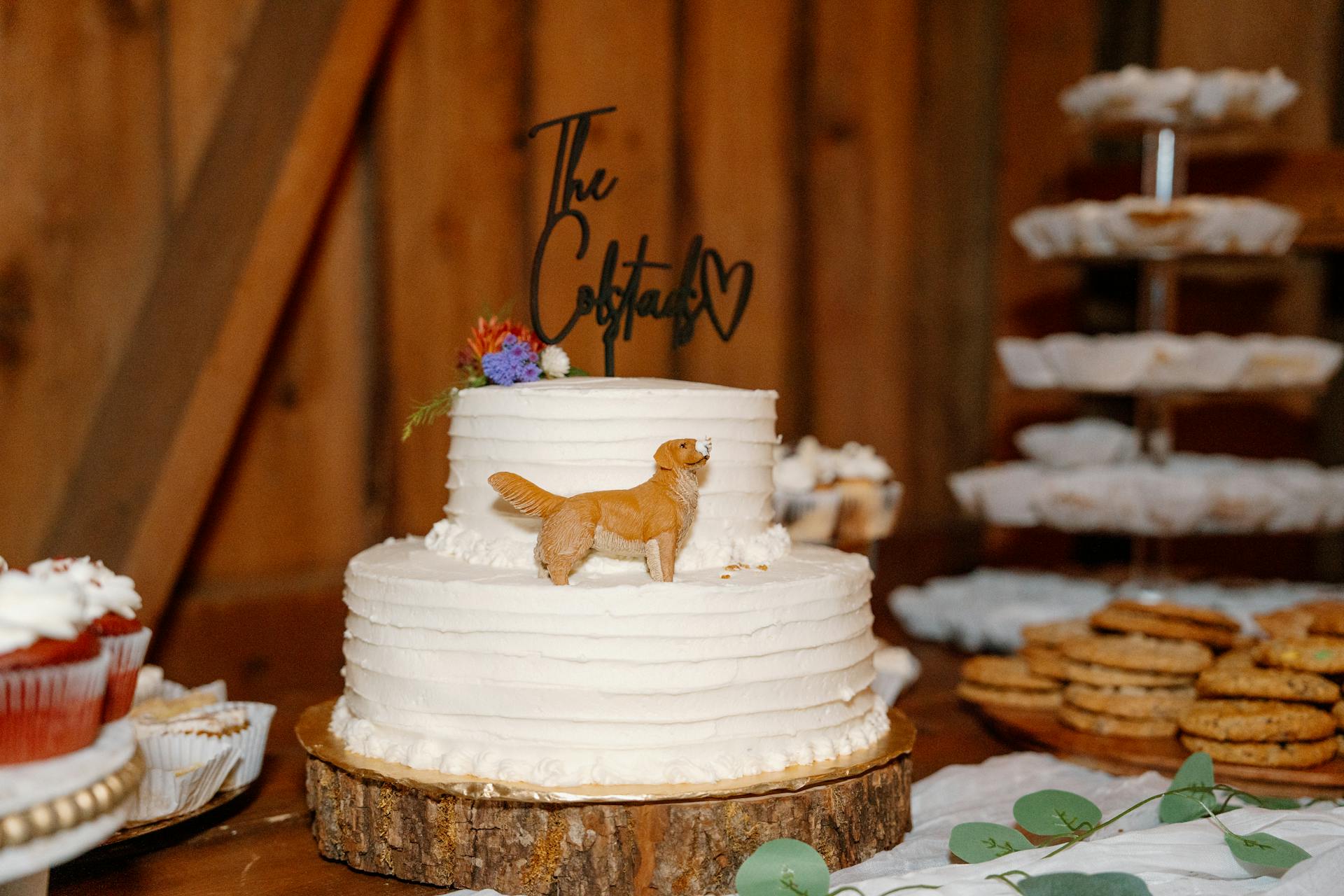 A rustic wedding cake with a unique dog topper at a celebration in Lake Geneva, Wisconsin.