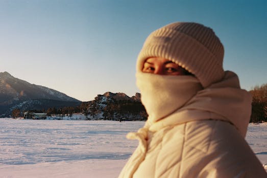 A person bundled in warm clothes stands on a snowy landscape in Kazakhstan with scenic mountains in the background.