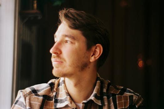 Film shot of a young man looking thoughtfully out a window. Warm and cinematic feel.