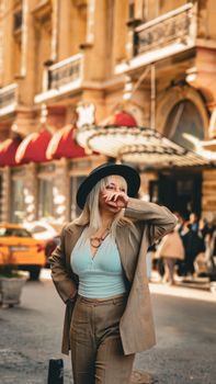 Chic woman posing confidently on city street, exuding vintage fashion vibes.