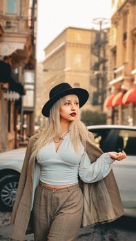 Fashionable woman in city street wearing hat and trendy attire.