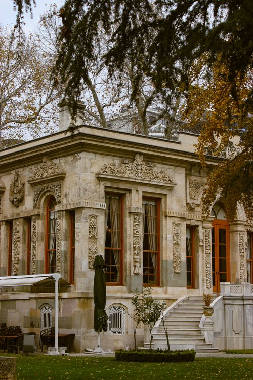 Free Elegant stone building with ornate carvings and large windows amidst autumn trees. Stock Photo