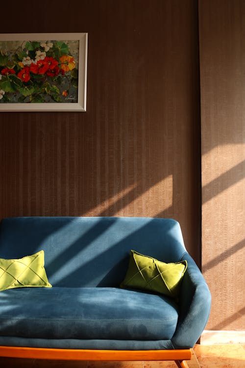 Free Cozy living room interior featuring a blue sofa, vivid cushions, and wall art. Stock Photo