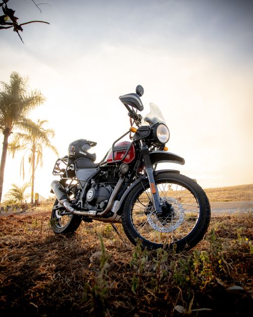 Free An adventure motorcycle parked outdoors on a sunny day with palm trees in the background. Stock Photo