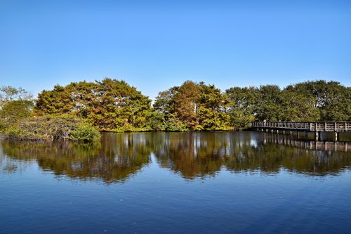Free Peaceful view of a serene lake with a boardwalk in Delray Beach, Florida. Stock Photo