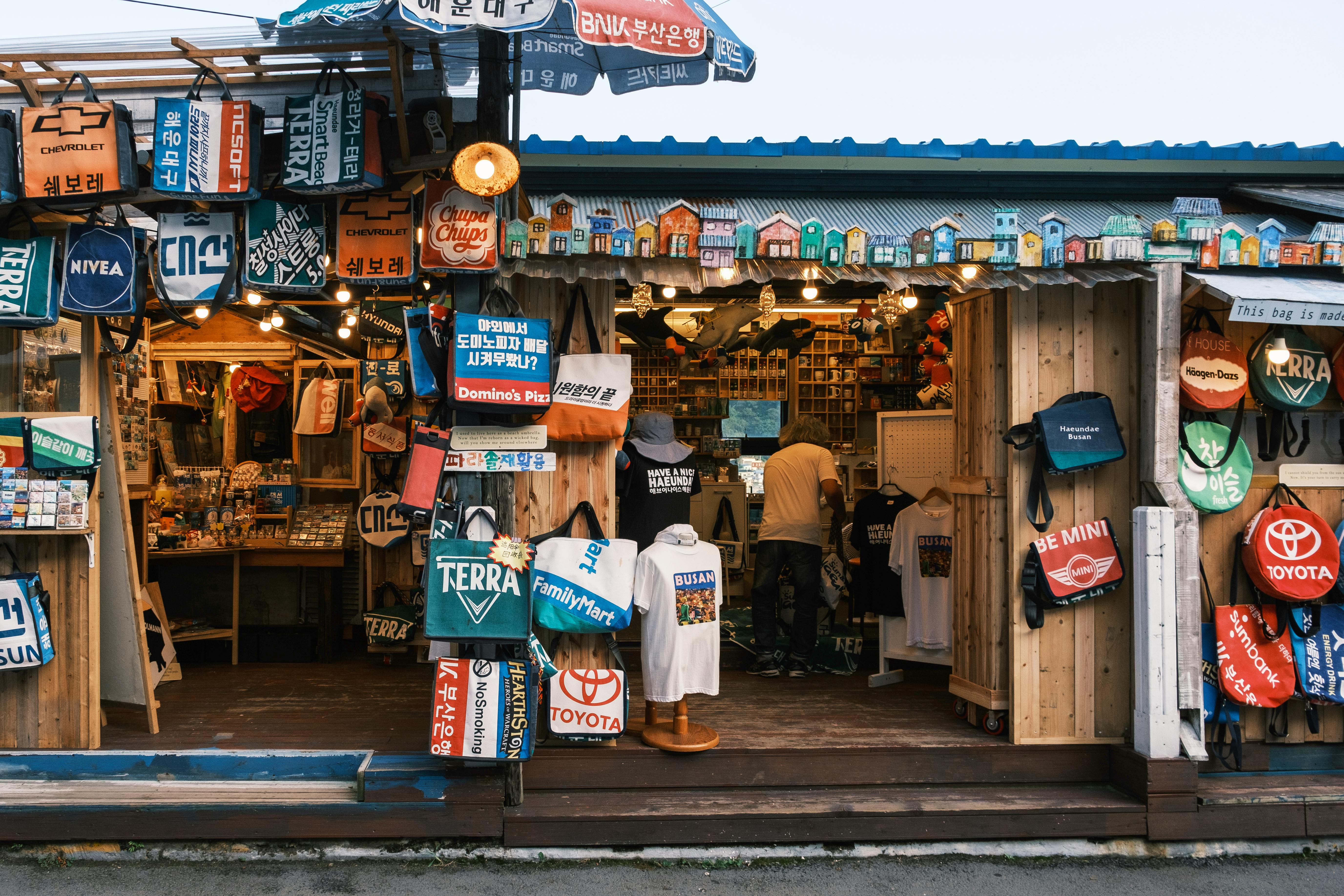 colorful market stall with retro advertisements